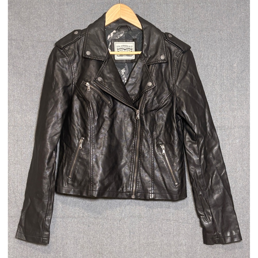 Levis Womens Black Faux‎ Leather Moto Biker Jacket Sz Large